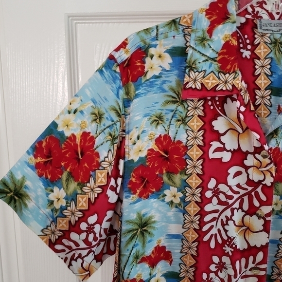 LADY ASHLEY HAWAIIAN FLORAL PRINT BLOUSE SZ L RED YELLOW BLUE - Picture 4 of 9